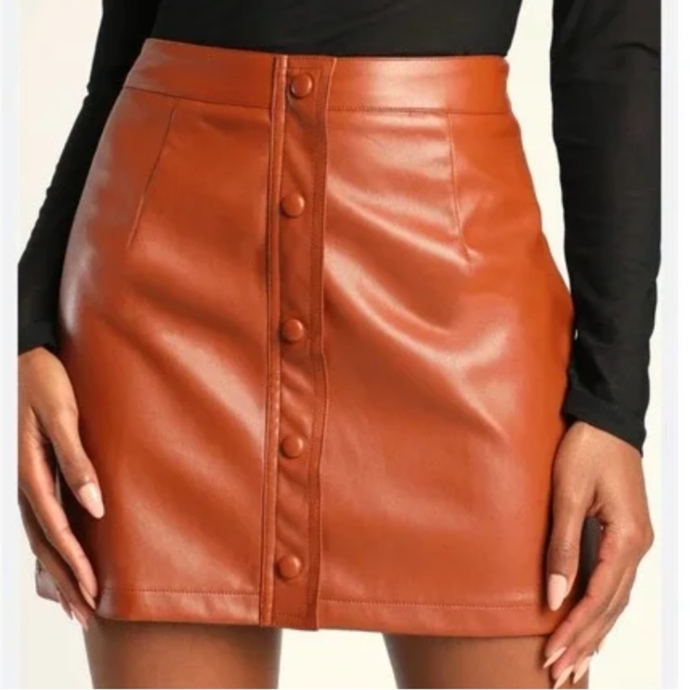 Lulu’s Brown Vegan Leather Fall Button-Front Mini Skirt